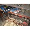 Image 11 : LOT - Work bench with wall contents - metal stand + (2) vises, wrenches, bolt bin, scrap iron, etc (