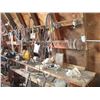Image 3 : LOT - Work bench with wall contents - metal stand + (2) vises, wrenches, bolt bin, scrap iron, etc (