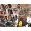 Image 5 : LOT - Work bench with wall contents - metal stand + (2) vises, wrenches, bolt bin, scrap iron, etc (