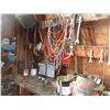 Image 7 : LOT - Work bench with wall contents - metal stand + (2) vises, wrenches, bolt bin, scrap iron, etc (