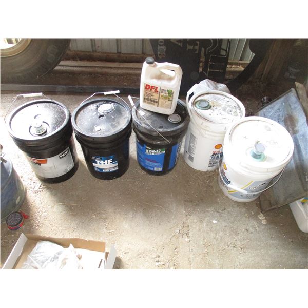 (5) pail contents 15W30, 15W40, some fuel + funnel