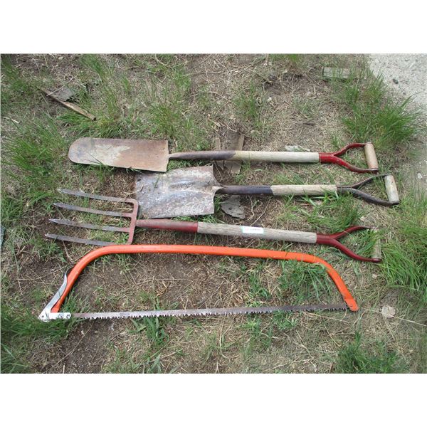 (4) garden tools - fork, shovels, bucksaw