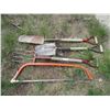 Image 1 : (4) garden tools - fork, shovels, bucksaw