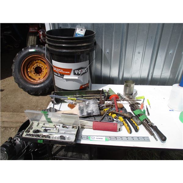 Pail with hand tools, misc