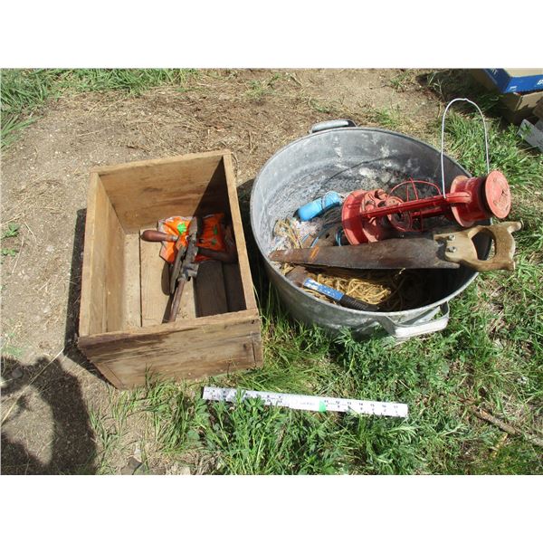 Wood crate with galvanized tub, hammer, saw, lantern, etc