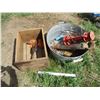 Image 1 : Wood crate with galvanized tub, hammer, saw, lantern, etc
