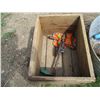 Image 2 : Wood crate with galvanized tub, hammer, saw, lantern, etc