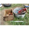 Image 3 : Wood crate with galvanized tub, hammer, saw, lantern, etc