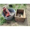 Image 5 : Wood crate with galvanized tub, hammer, saw, lantern, etc
