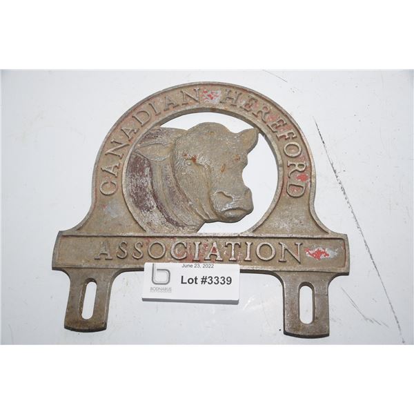 Rare Canadian Hereford association license plate topper