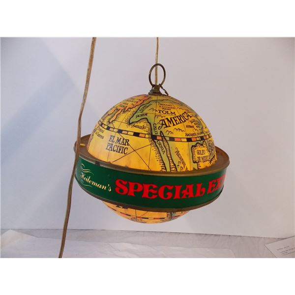 Special Export Beer hanging globe light - minor damage to the plastic -Lights up and spins