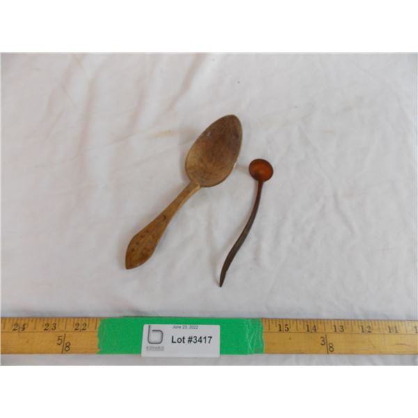 Carved and decorated wood spoon and horn ladle