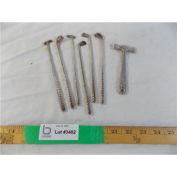 Mini Metal golf club stir stick set with toffee hammer