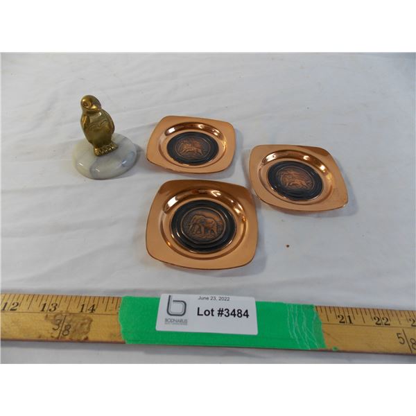 Brass Penguin figure and 3 copper animal plates