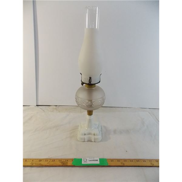 "Eyes and Diamonds" font Milk glass base with matching chimney