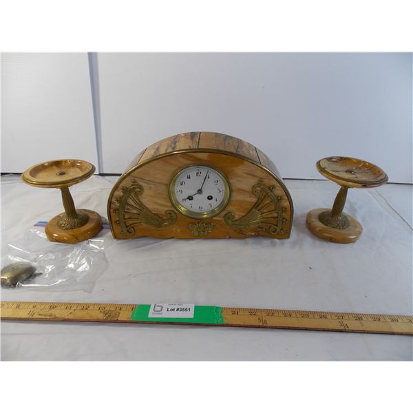3 piece marble art deco mantle clock French - in good working order