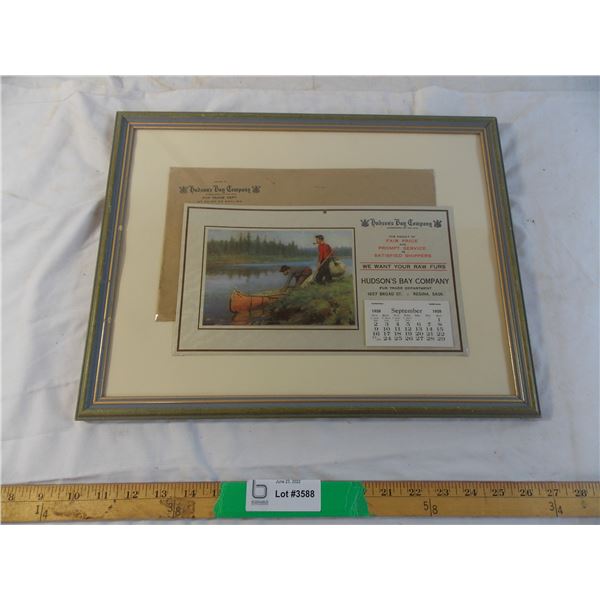 Hudson's Bay 1928 Calendar with envelope dry mounted in frame