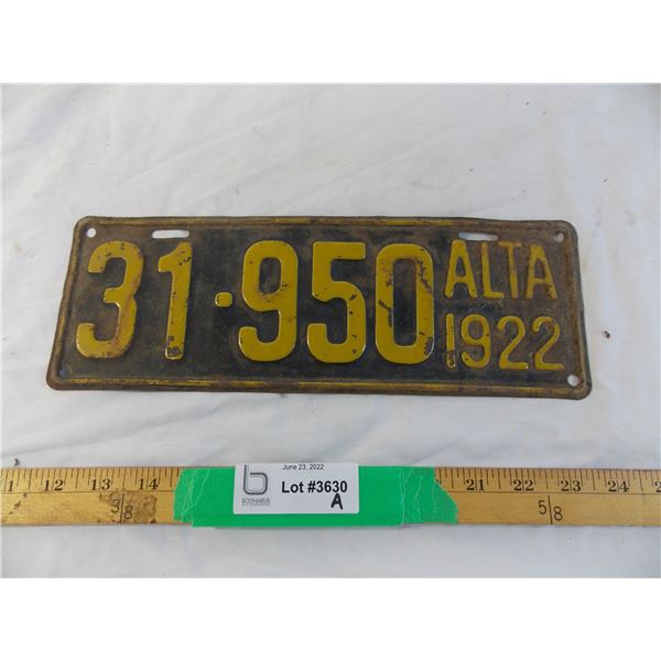Alberta 1922 Licence plate