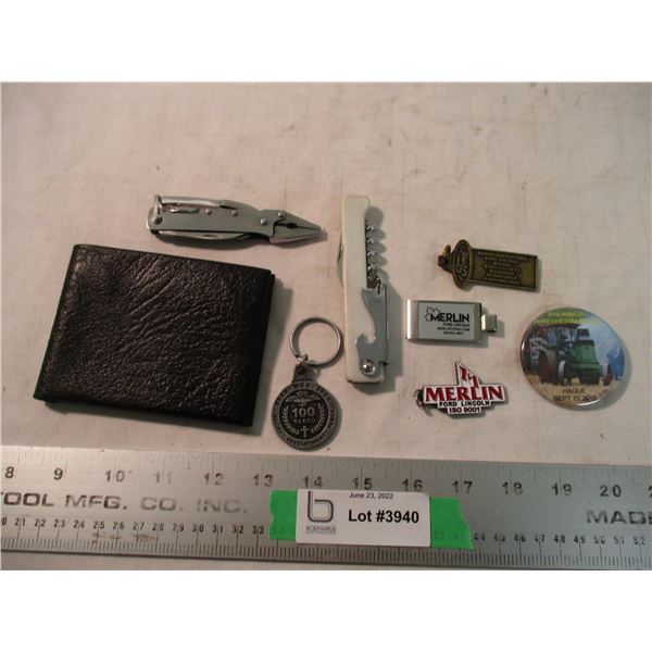 Misc lot wallet, keytags, pocket knife