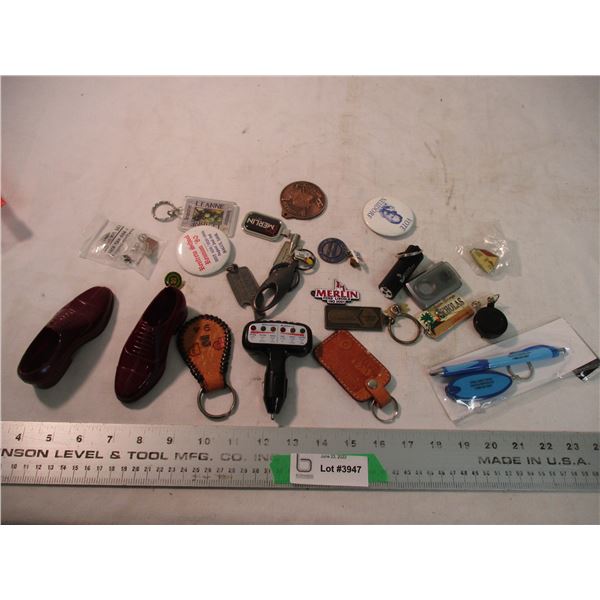 mix lot pins, key tags, mini shoes