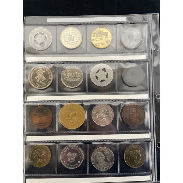page of vintage mixed trade dollars and tokens
