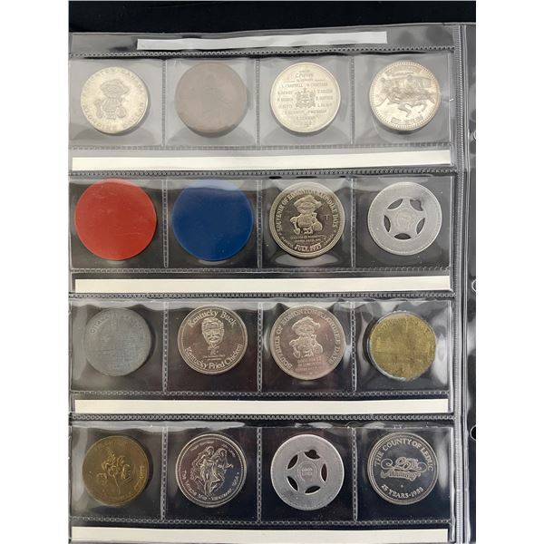 page of vintage mixed trade dollars and tokens