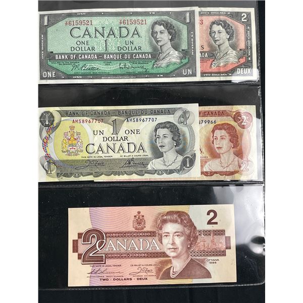 lot of 5 of Canada's last $1 & $2 banknotes