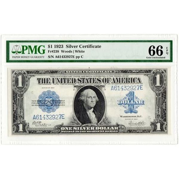 Fr.238 1923 $1 Silver Certificate Woods | White PMG MS-66 EPQ