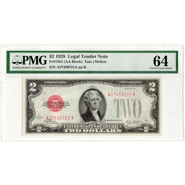 Fr.1501 (AA Block) 1928 $2 Legal Tender Note Tate | Mellon PMG MS-64