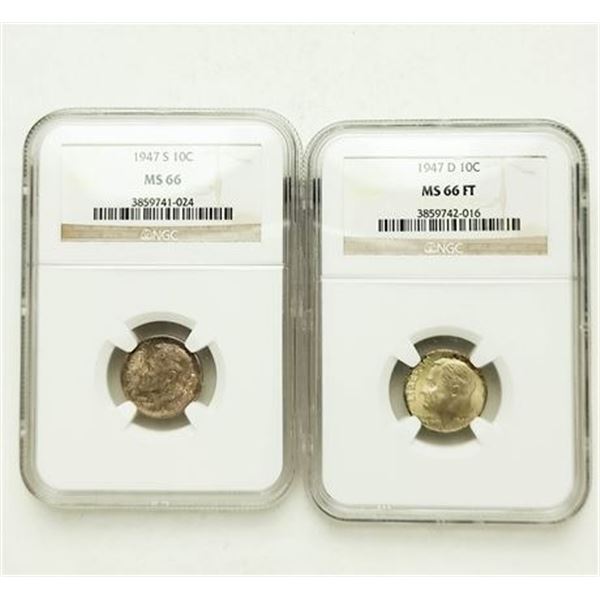 Group of 2 Roosevelt Dimes 1947-D MS-66 FT and 1947-S MS-66 NGC