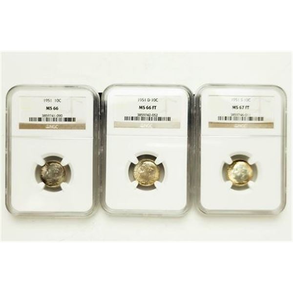 Group of 3 Roosevelt Dimes 1951 MS-66, 1951-D MS-66 F, 1951-S MS-67 FT NGC