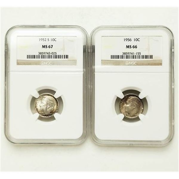 Group of 2 1952-S MS-67 and 1956 MS-66 Roosevelt Dimes NGC