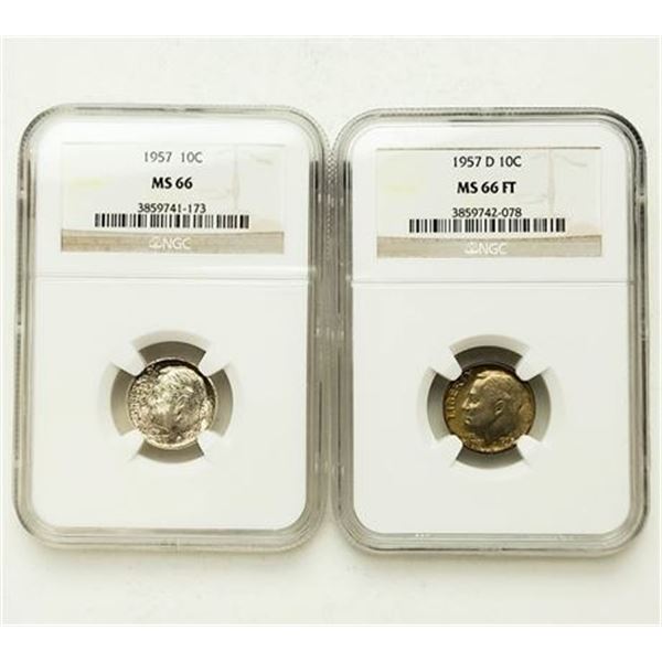 Group of 2 1957 MS-66 and 1957-D MS-66 FT Roosevelt Dimes NGC