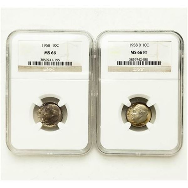 Group of 2 1958 MS-66 and 1958-D MS-66 FT Roosevelt Dimes NGC