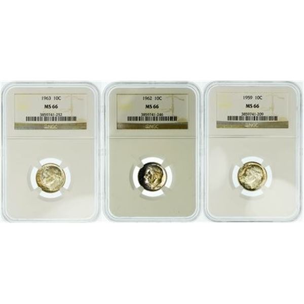 Group of 3 1959, 1962, 1963 Roosevelt Dimes NGC MS-66