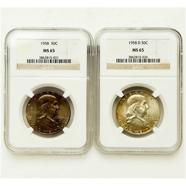 Group of 2 1958 and 1958-D Franklin Half Dollars NGC MS-65