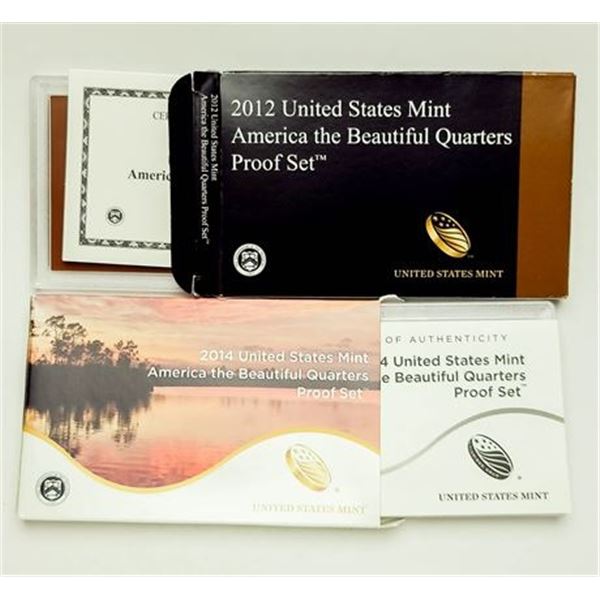 Group of 2 Proof Sets 2012 and 2014 United States America the Beautiful Quarters