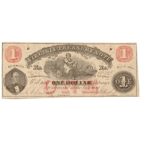 1862 $1 Obsolete Virginia Treasury Note