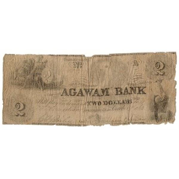 1863 $2 Obsolete Note Agawam Bank Massachusetts