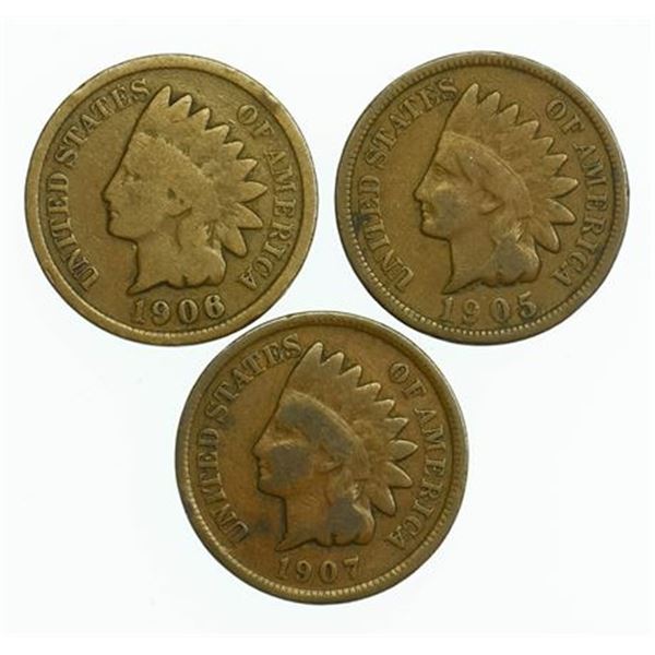Group of 3 Indian Head Cents 1905, 1906, 1907