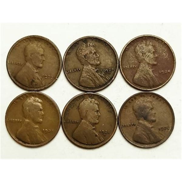 Group of 6 Lincoln Wheat Cents 1920, 1920-D, 1920-S, 1921, 1924, 1925
