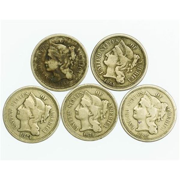 Group of 5 CuNi Three Cents 1865 - 1874