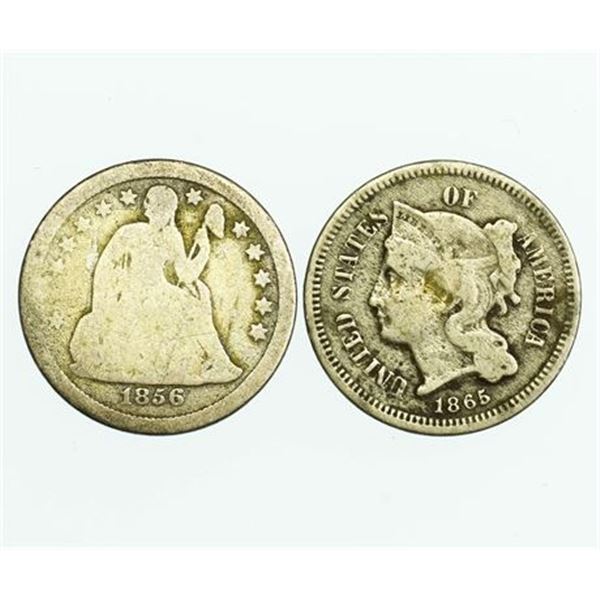 Group of 2 Type Coins 1865 Nickel Three Cents and 1856 Seated Liberty Dime