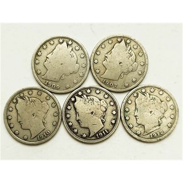 Group of 5 Liberty V Nickels 1907, 1909, 1910, 1911, 1912