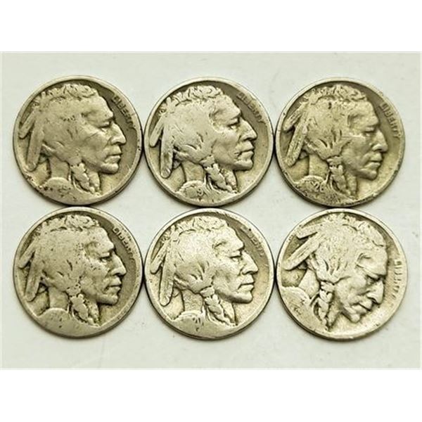 Group of 6 Buffalo Nickels 1919, 1920, 1923, 1924, 1925, 1926