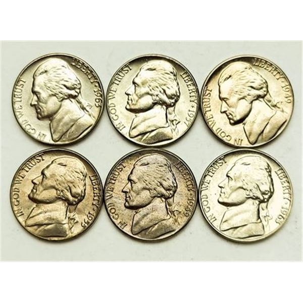 Group of 6 Jefferson Nickels 1949, 1949-D, 1955, 1957-D, 1963, 1963-D
