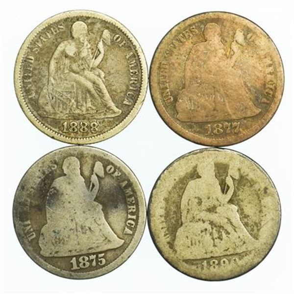 Group of 4 Seated Liberty Dimes 1875, 1877-CC, 1888, 1890