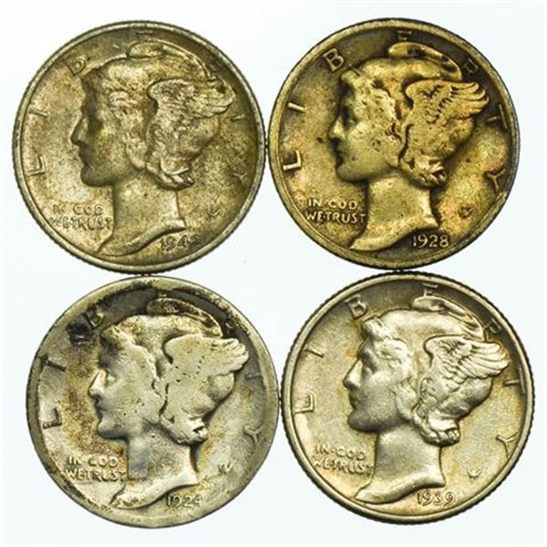 Group of 4 Mercury Dimes 1924, 1928, 1939, 1942