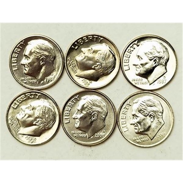 Group of 6 Roosevelt Dimes 1985, 1987-D, 1988, 1994-D, 2000-D, 2009-D