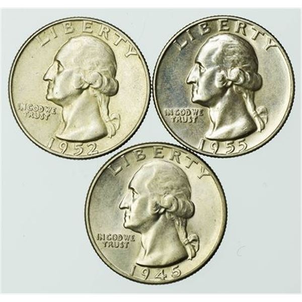Group of 3 Washington Silver Quarters 1945, 1952-D, 1955-D